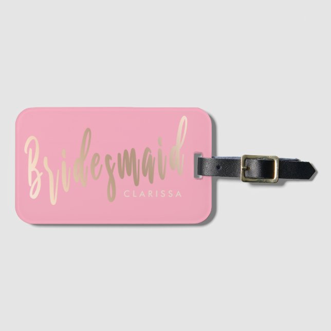 Elegant pastel pink & rose gold bridesmaid luggage tag (Front Horizontal)
