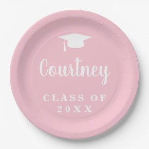 Elegant Pastel Pink Script Name Graduation Cap Paper Plate