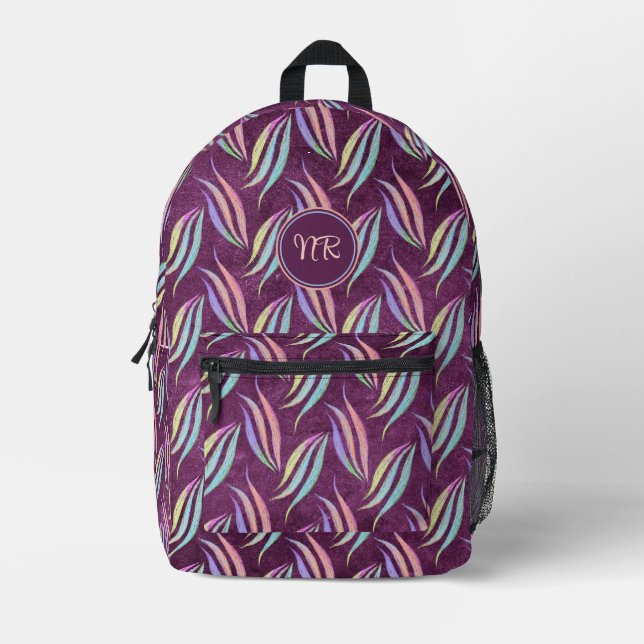  Elegant Pastel & Purple Abstract Pattern Monogram Printed Backpack (Front)