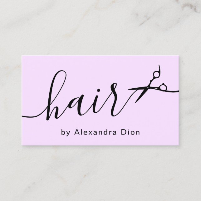 Elegant pastel purple & black scissors hairstylist business card (Front)