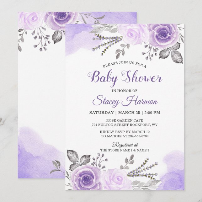 Elegant Pastel Purple Blossom Flowers Baby Shower Invitation (Front/Back)