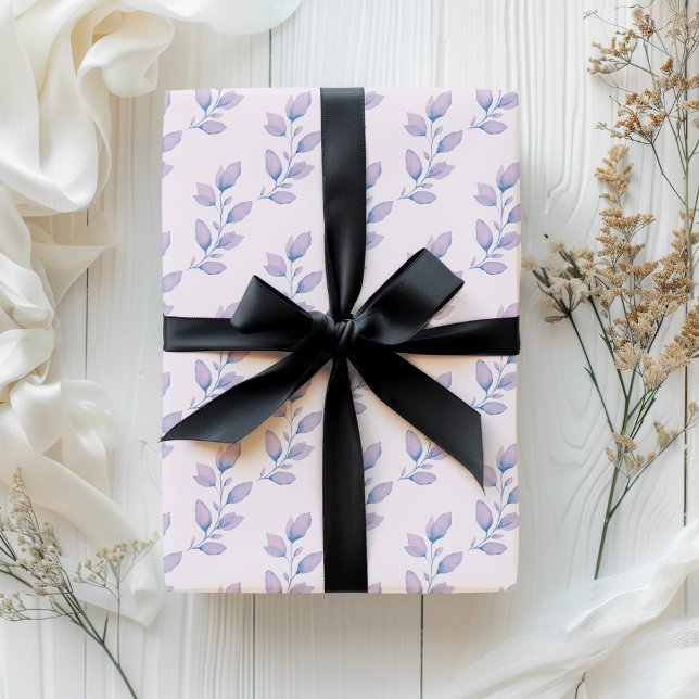 Elegant Pastel Purple & Blue Watercolor Leaves Wrapping Paper Sheet (Creator Uploaded)