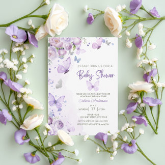 Elegant Pastel Purple Floral Butterfly Baby Shower Invitation