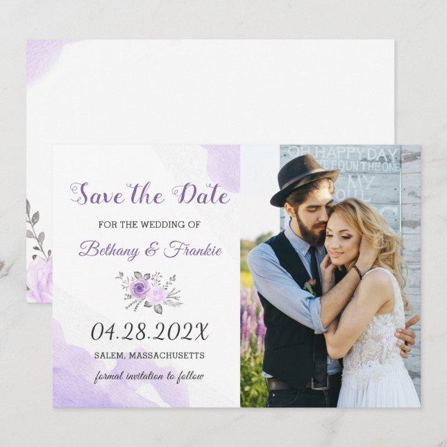 Elegant Pastel Purple Floral Save The Date Photo (Front/Back)