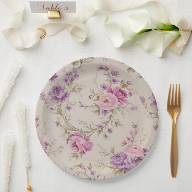 Elegant Pastel & Purple Garden Blooms" Paper Plate (Wedding)