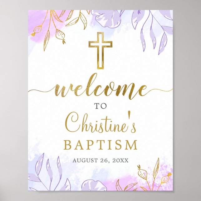 Elegant Pastel Purple Gold Floral Baptism Welcome  Poster (Front)