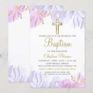 Elegant Pastel Purple Gold Floral Girl Baptism Invitation