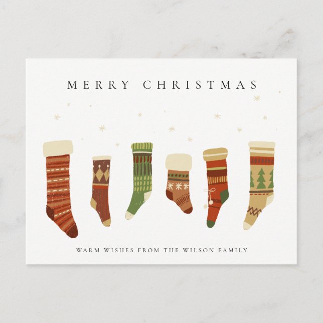 ELEGANT PASTEL RED GREEN STAR CHIRSTMAS STOCKINGS HOLIDAY POSTCARD (Front)