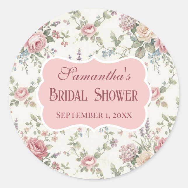 Elegant Pastel Roses Shabby Chic Bridal Shower Classic Round Sticker (Front)