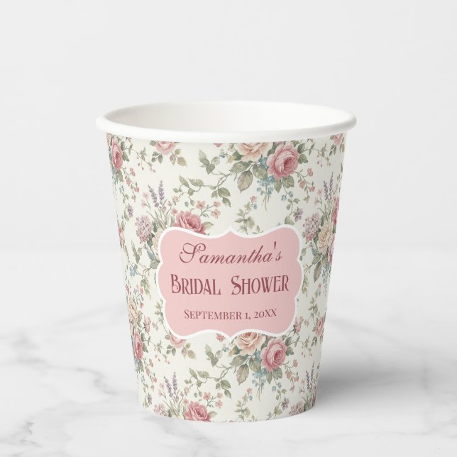 Elegant Pastel Roses Shabby Chic Bridal Shower Paper Cups (Front)