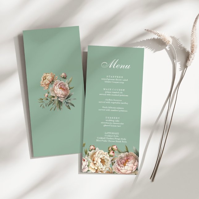 Elegant Pastel Sage Green Blush Pink Peonies Menu (Elegant Pastel Sage Green Blush Pink Peonies Menu on a sunny white table.)