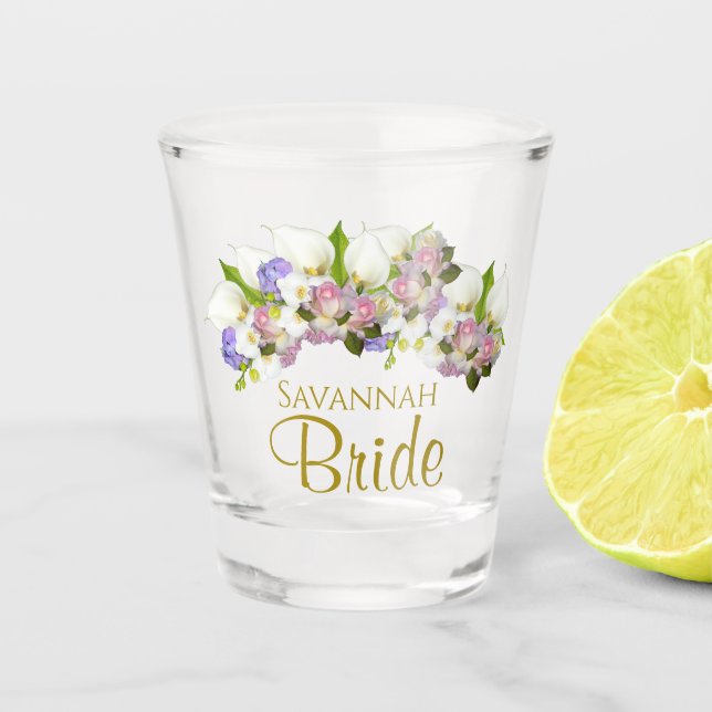 Elegant Pastel Spring Floral Bride Wedding Shot Glass (Front)