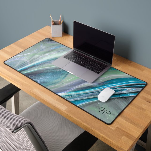     Elegant Pastel Teal Blue Green Monogram Marbly Desk Mat (Office 2)