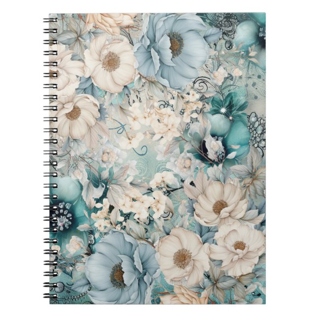 Elegant Pastel Teal Floral Notebook (Front)
