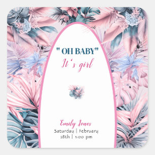 Elegant pastel tropical pink blue oh baby shower square sticker