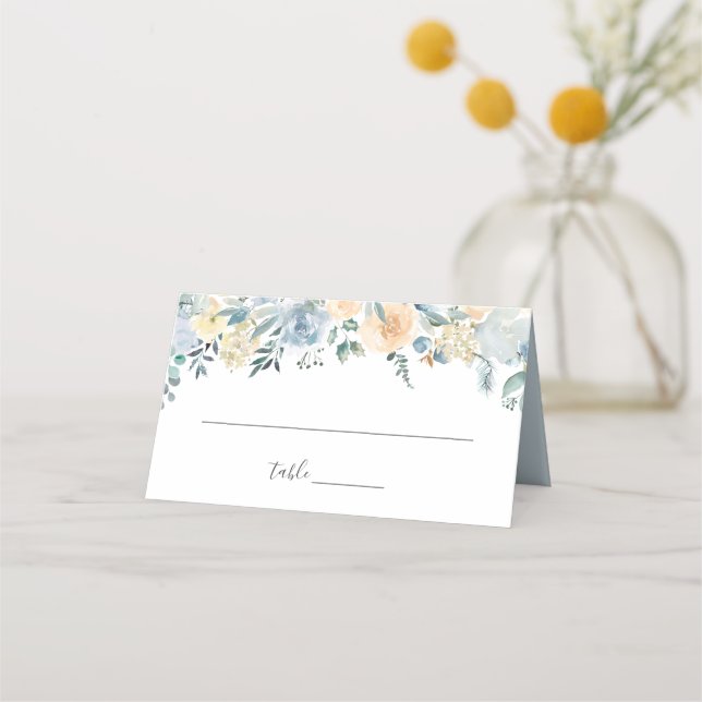 Elegant Pastel Vanilla Blue Floral Wedding Place Card (Front)