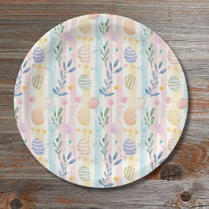 Elegant Pastel Watercolor Easter Stripes Eggs Paper Plate