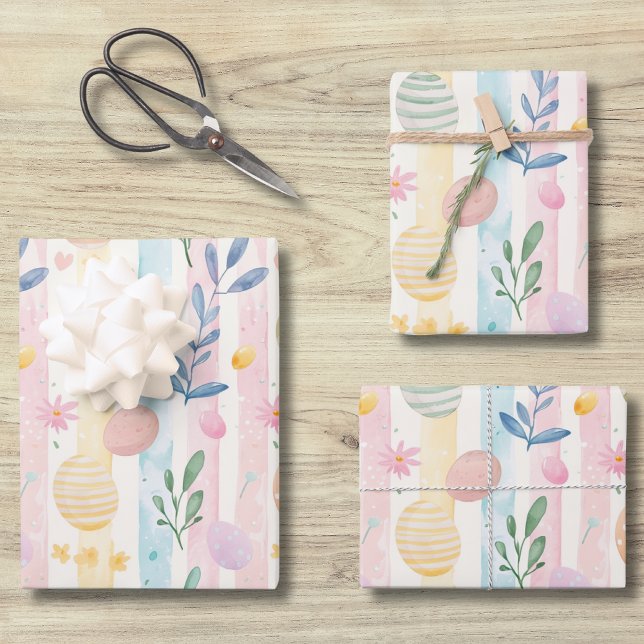 Elegant Pastel Watercolor Easter Stripes Eggs Wrapping Paper Sheet (Creator Uploaded)