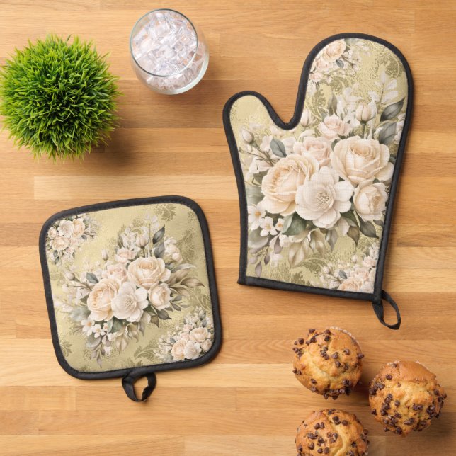 Elegant Pastel Watercolor Flowers Oven Mitt & Pot Holder Set (Top Down)