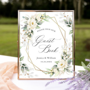 Elegant Pastel White Roses Sign Guestbook