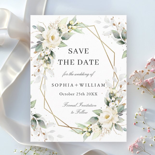 Elegant Pastel White Roses Wedding Save the Date Postcard (Creator Uploaded)