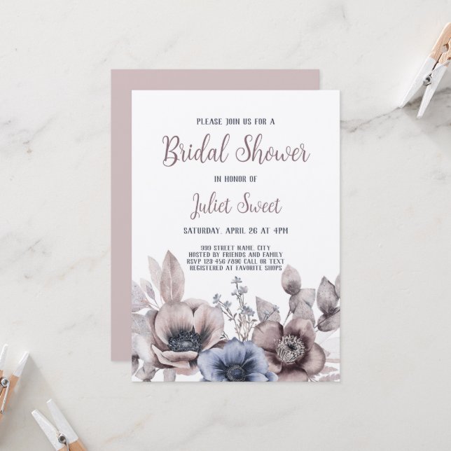 Elegant Pastel Wildflower Floral Bridal Shower Invitation (Front/Back In Situ)