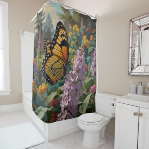Elegant pastel wildflower garden with butterfly shower curtain