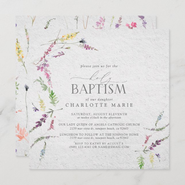 Elegant Pastel Wildflower Watercolor Baptism Invitation (Front/Back)