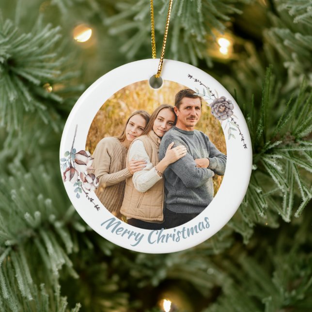 Elegant Pastel Winter Scene Christmas Family Photo Ceramic Tree Decoration (Tree)