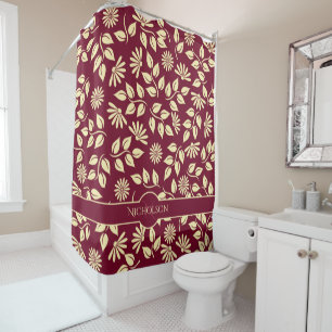 Elegant Pastel Yellow Leaves Daisies Burgundy Shower Curtain