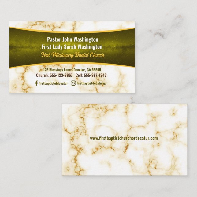 Elegant Pastor and First Lady Marble Church Business Card (Front/Back)