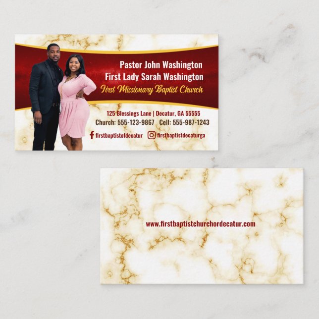 Elegant Pastor and First Lady Marble Photo Church  Business Card (Front/Back)