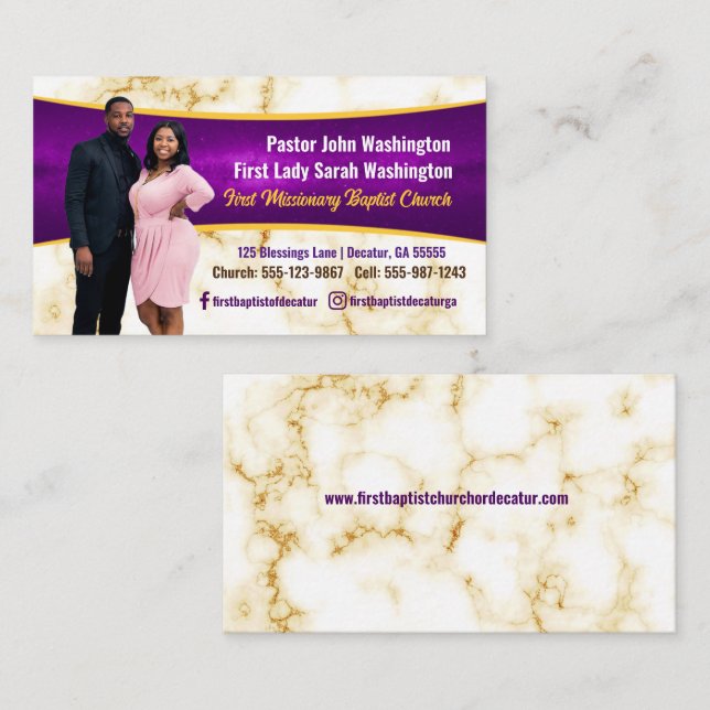 Elegant Pastor and First Lady Marble Photo Church Business Card (Front/Back)