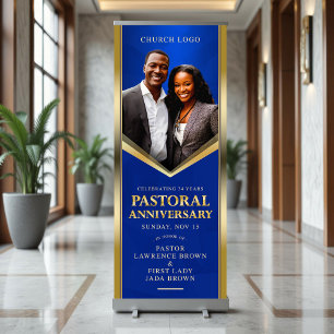 Elegant Pastoral Anniversary Blue & Gold Church Retractable Banner
