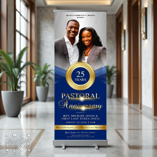 Elegant Pastoral Anniversary Blue Gold Church Retractable Banner