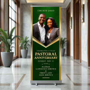 Elegant Pastoral Anniversary Green & Gold Church Retractable Banner