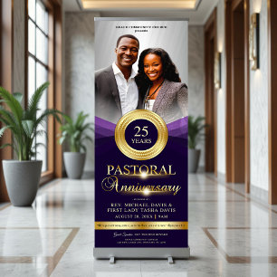 Elegant Pastoral Anniversary Purple Gold Church Retractable Banner