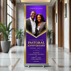 Elegant Pastoral Anniversary Purple & Gold Church Retractable Banner