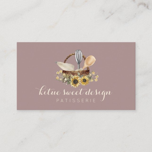 Elegant Pastry chef Watercolor Sunflower Bakery Business Card (Front)