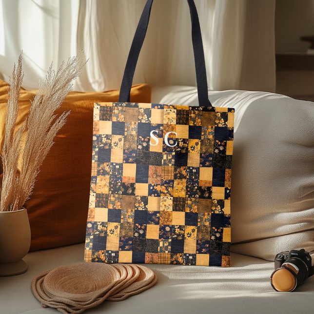 Elegant Patchwork Tote with Blue and Beige Floral  (Creator Uploaded)
