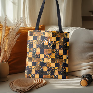 Elegant Patchwork Tote with Blue and Beige Floral  Bag