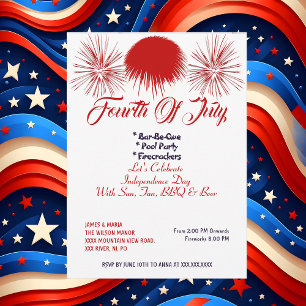 Elegant Patriotic 4th July Firecrackers BBQ Party  Invitation