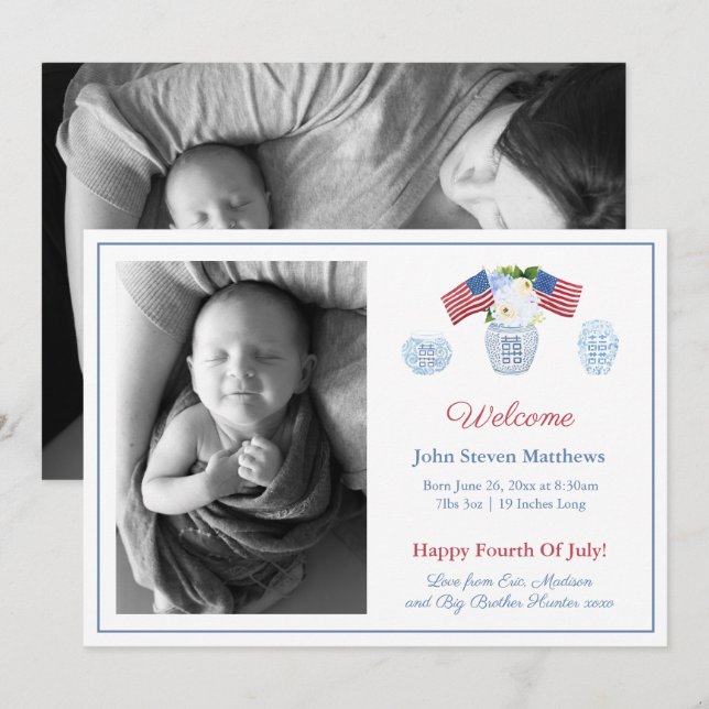Elegant Patriotic Baby Birth Stats Welcome Picture Announcement (Front/Back)