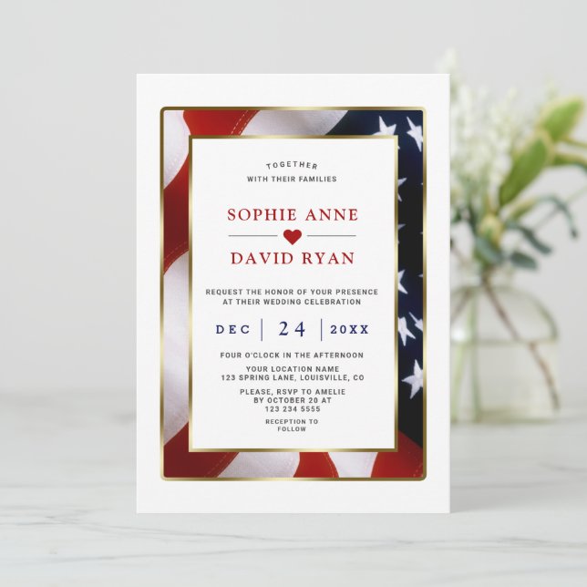 Elegant Patriotic Military Gold USA Flag Wedding  Invitation (Standing Front)