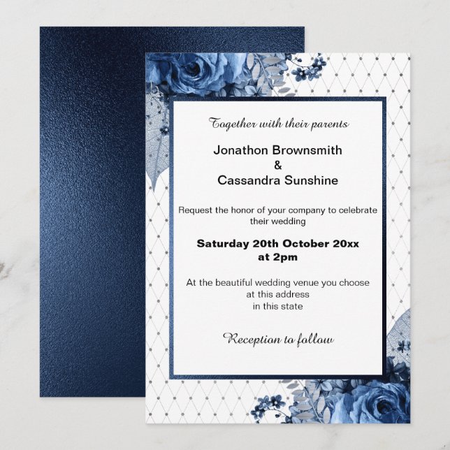 ELEGANT PATTERN BOUQUET FLORAL NAVY WEDDING INVITATION (Front/Back)