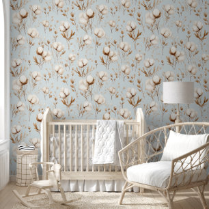 Elegant Pattern Cotton Flowers Neutral Wallpaper