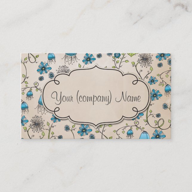 Elegant pattern flowers blue/beige business card (Front)