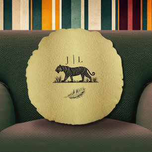 Elegant Pattern Gold Black Monogram Round Cushion