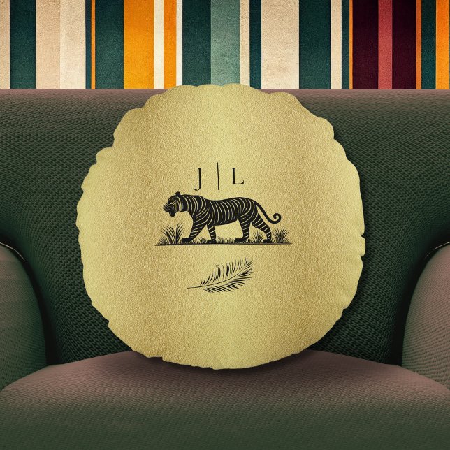 Elegant Pattern Gold Black Monogram Round Cushion (Creator Uploaded)