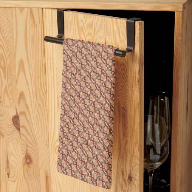 Elegant pattern, golden beige and dark red kitchen tea towel (Thirds Fold)